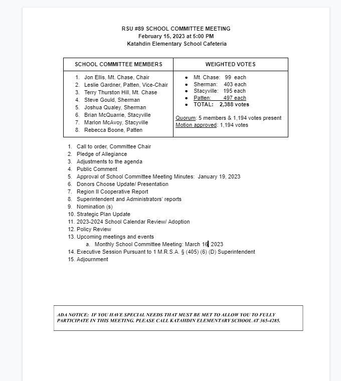 School Committee Meeting 02/15/2023