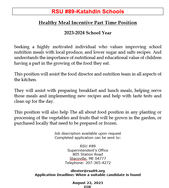 Healthy Meal Incentive Part Time Position